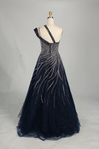 Navy Blue One-Shoulder Beaded A-Line Mother of the Bride Dress KS066