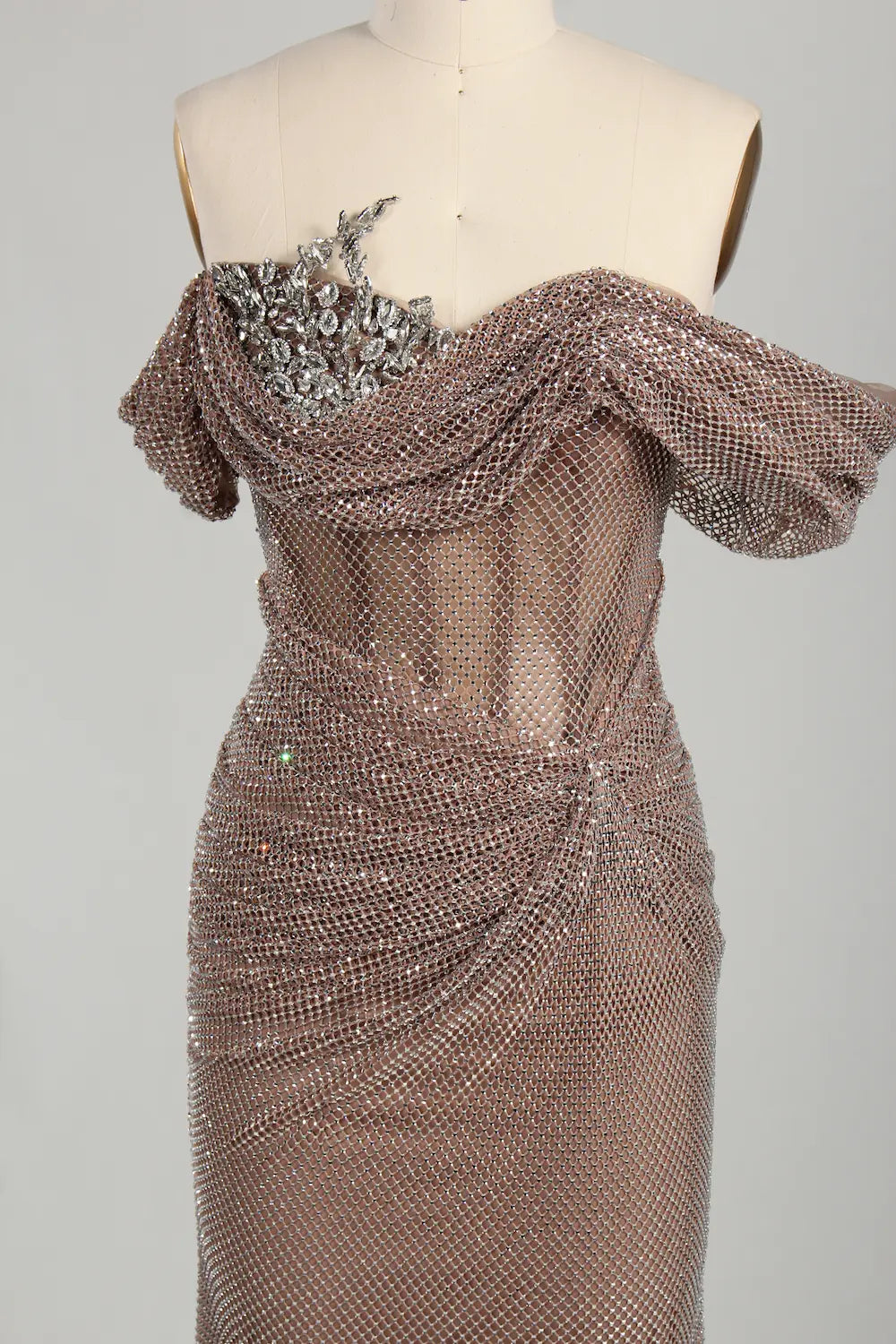 Mauve Off-the-Shoulder Beaded Fit and Flare Mother of the Bride Dress KS064