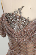 Mauve Off-the-Shoulder Beaded Fit and Flare Mother of the Bride Dress KS064