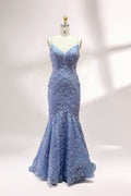 Floral Appliqué Mermaid Evening Dress with Spaghetti Straps 32589