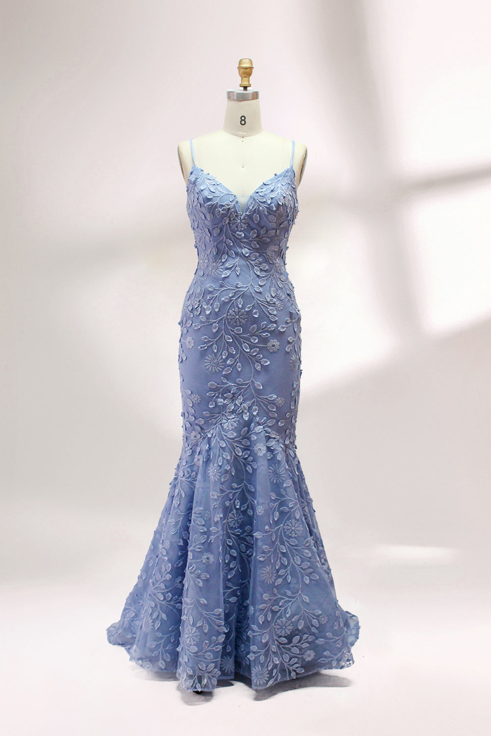 Floral Appliqué Mermaid Evening Dress with Spaghetti Straps 32589