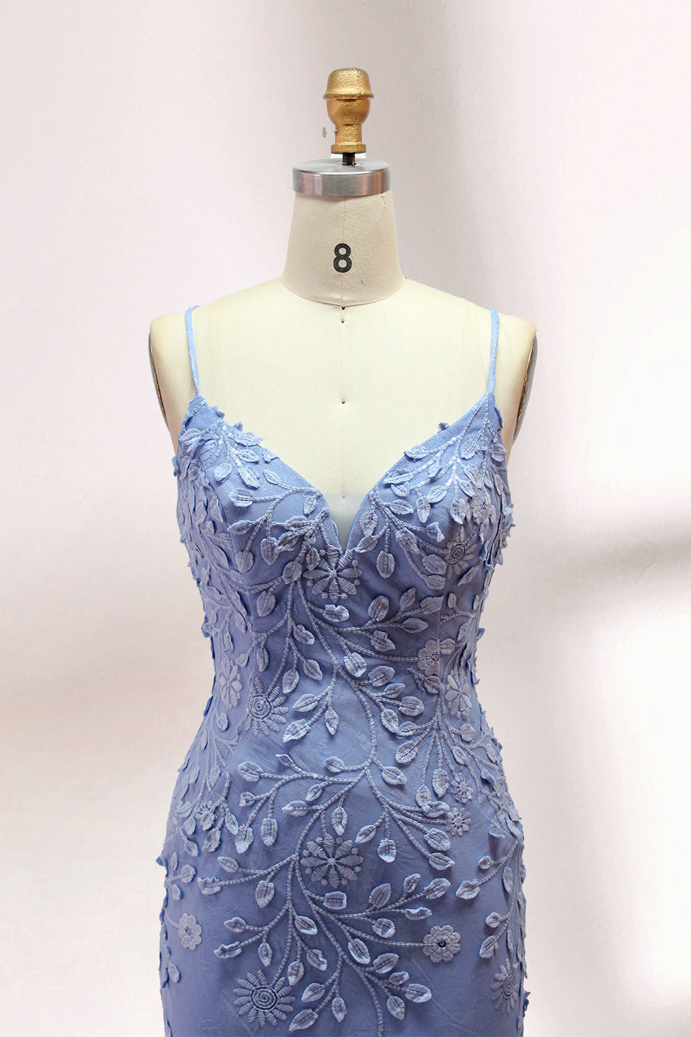 Floral Appliqué Mermaid Evening Dress with Spaghetti Straps 32589