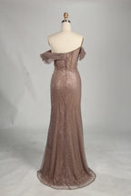 Mauve Off-the-Shoulder Beaded Fit and Flare Mother of the Bride Dress KS064