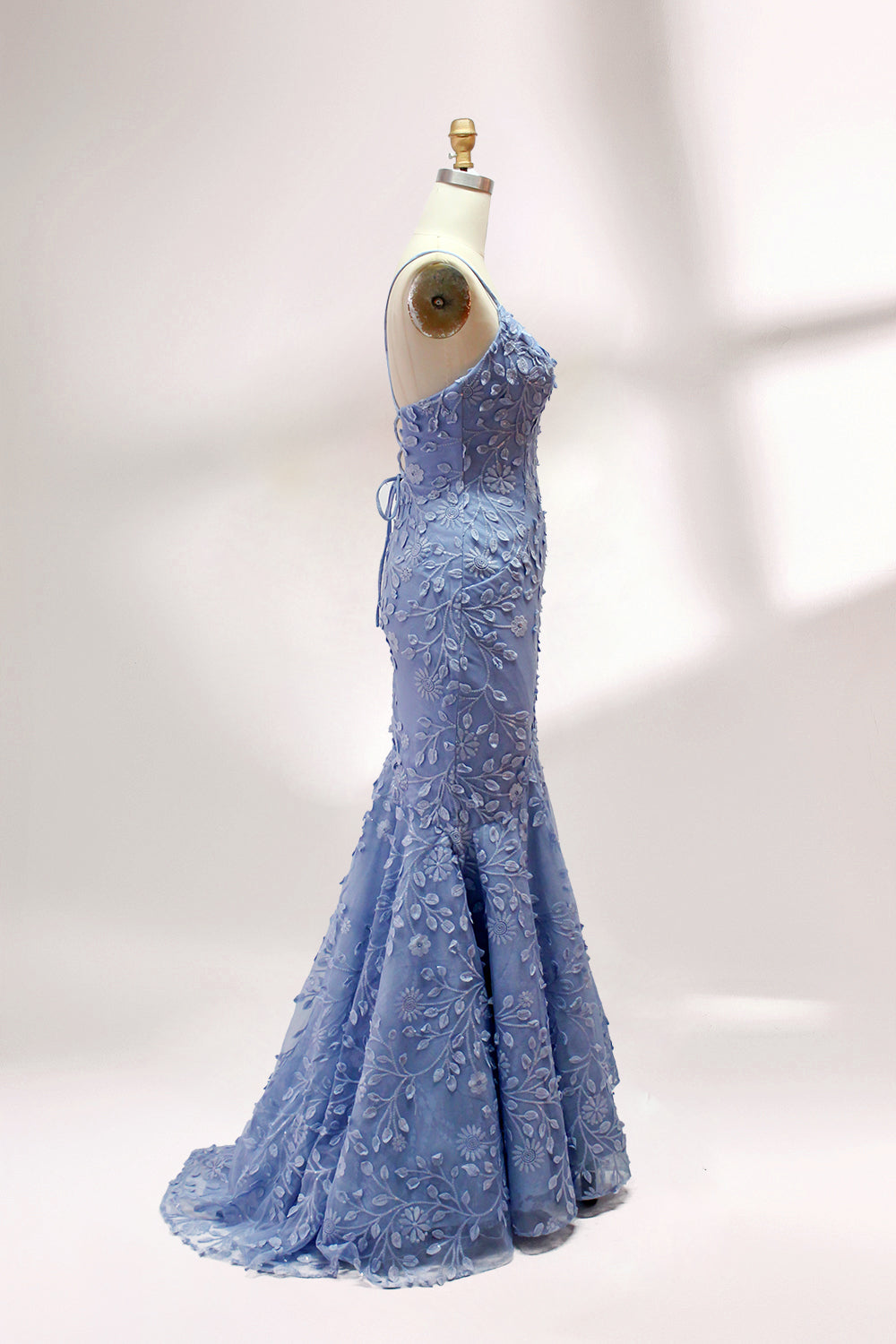 Floral Appliqué Mermaid Evening Dress with Spaghetti Straps 32589