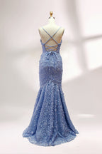 Floral Appliqué Mermaid Evening Dress with Spaghetti Straps 32589