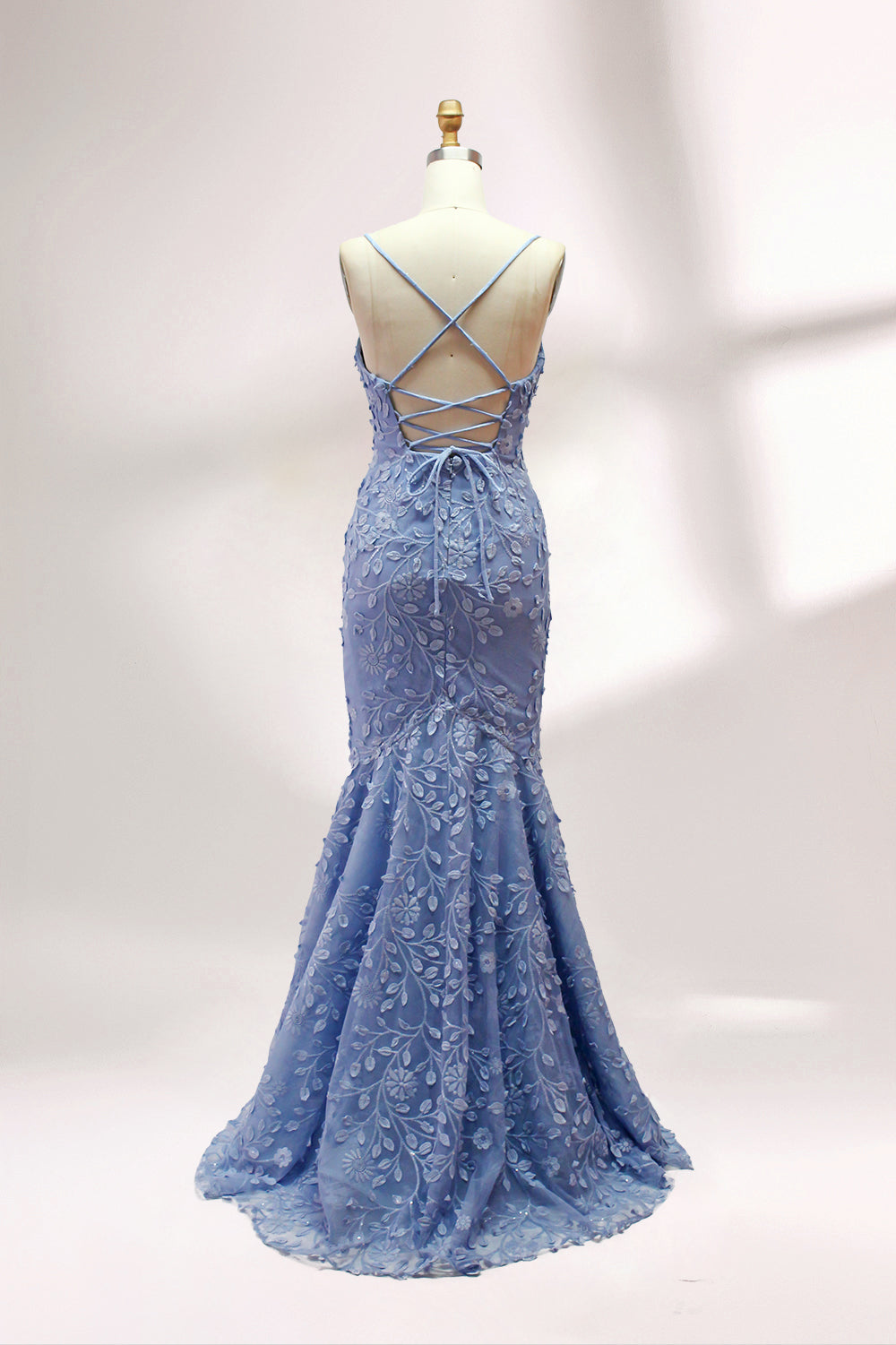 Floral Appliqué Mermaid Evening Dress with Spaghetti Straps 32589