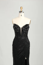 Black Strapless Beaded Sweetheart Mermaid Evening Gown with Slit KS065