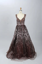 Luxury V-Neck Embellished A-Line Evening Dress MK077