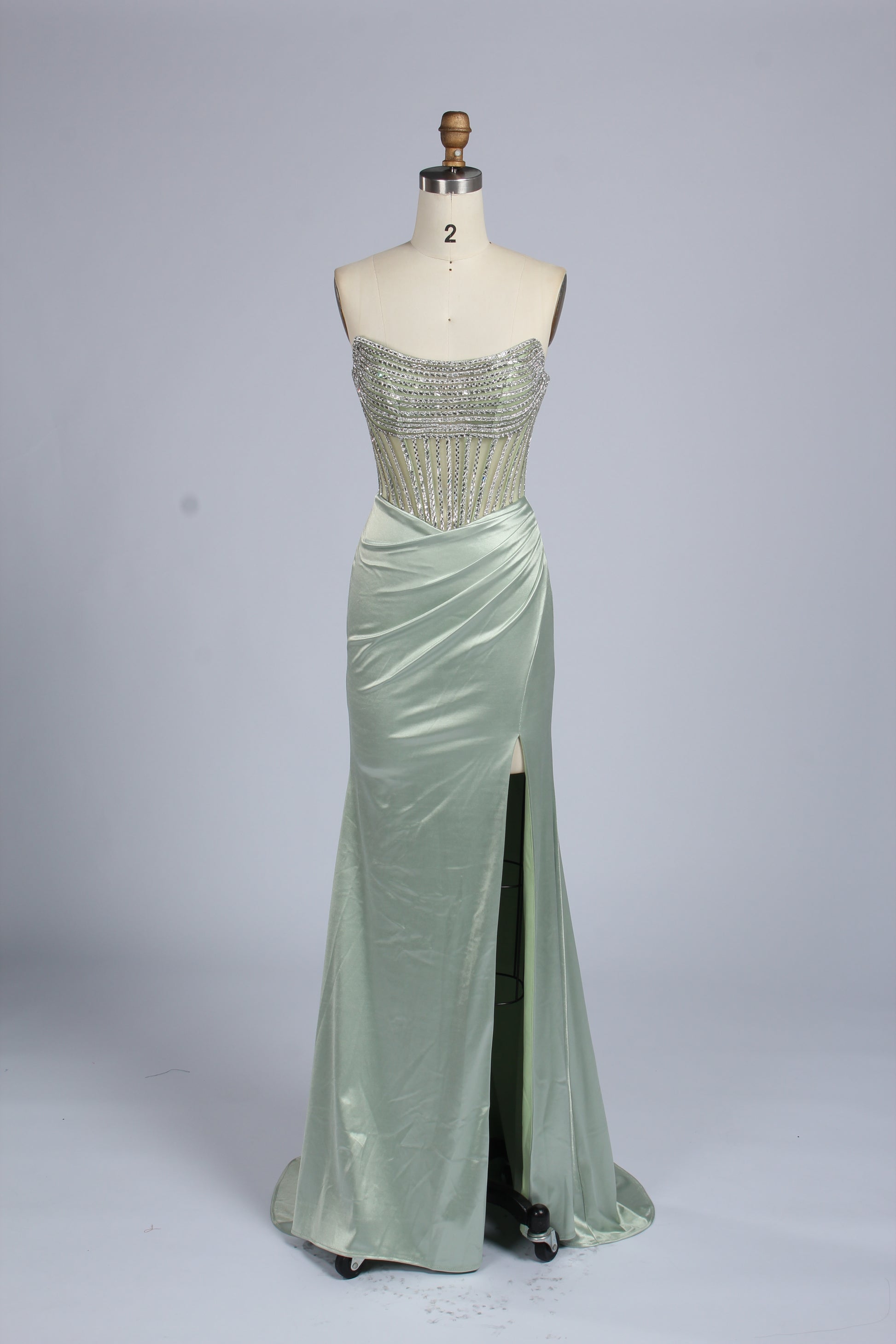 Wholesale Mint Green Crystal - Embellished Strapless Evening Gown 33310