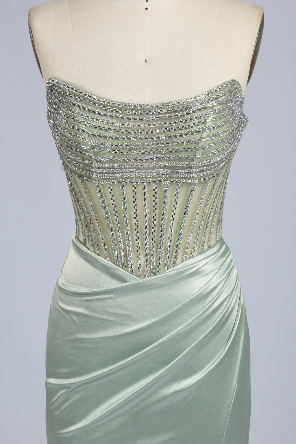 Wholesale Mint Green Crystal - Embellished Strapless Evening Gown 33310