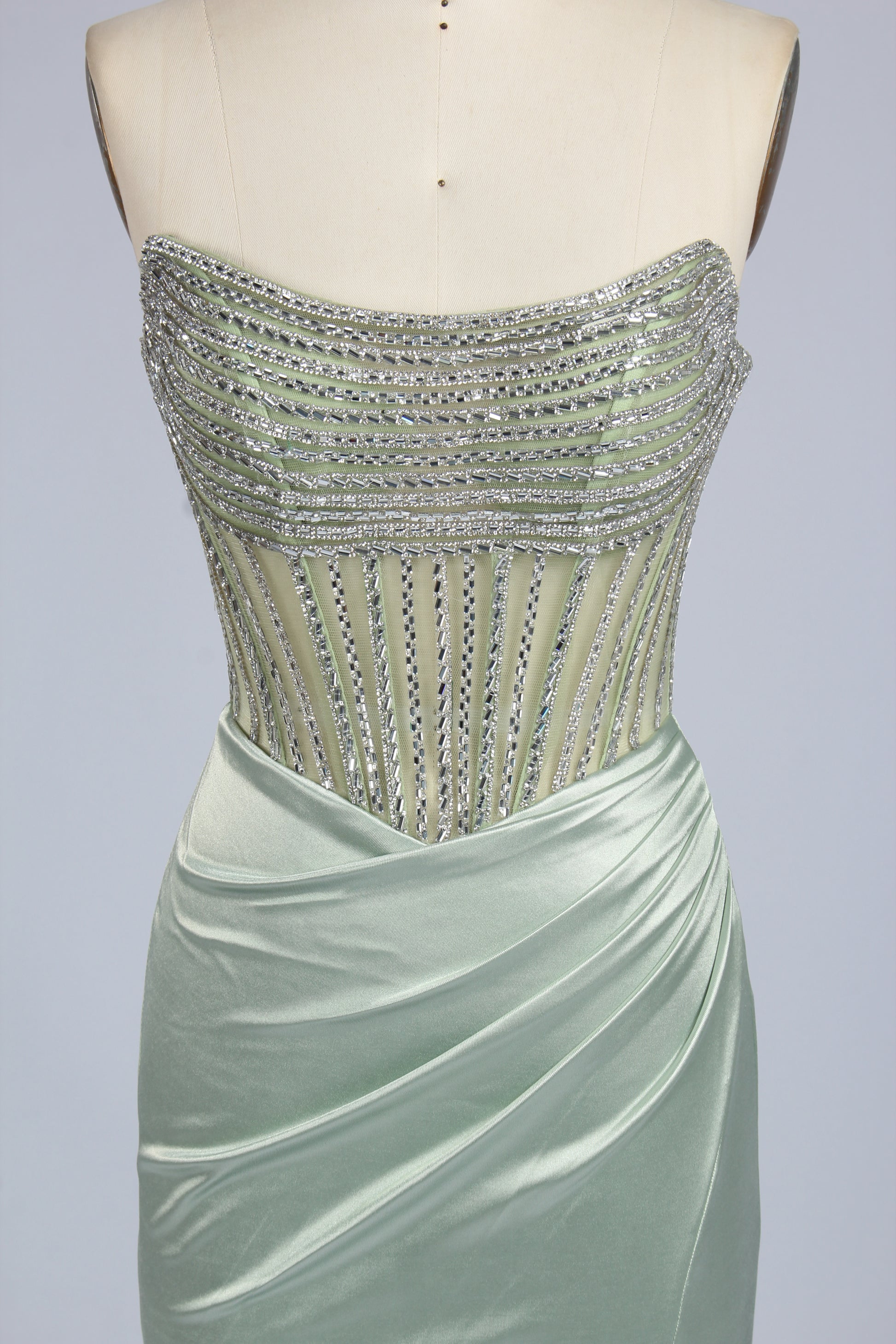 Wholesale Mint Green Crystal - Embellished Strapless Evening Gown 33310