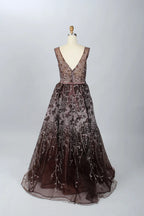 Luxury V-Neck Embellished A-Line Evening Dress MK077