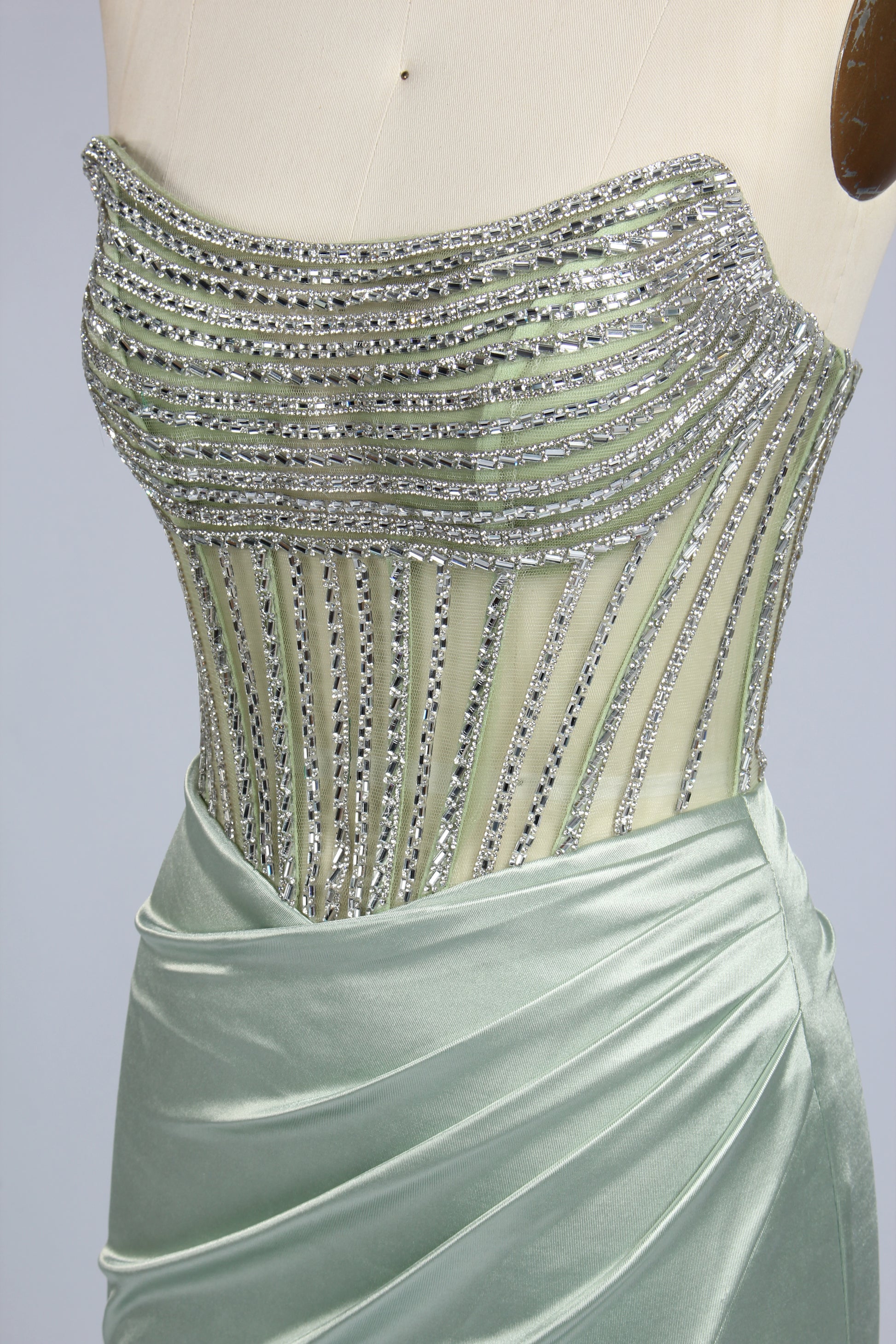 Wholesale Mint Green Crystal - Embellished Strapless Evening Gown 33310
