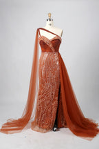 Stunning One-Shoulder Beaded Red Tulle Overlay Mother of the Bride Dress KY027