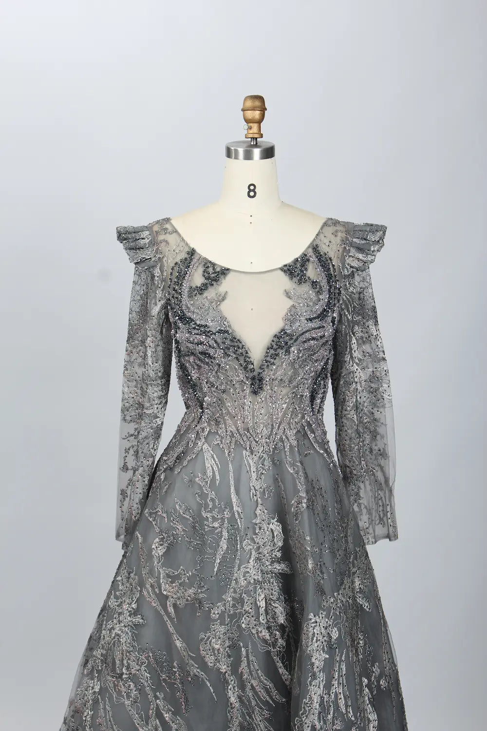 Charcoal Gray Beaded A-Line Mother of the Bride Dress with Long Sleeves MK078