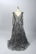 Charcoal Gray Beaded A-Line Mother of the Bride Dress with Long Sleeves MK078