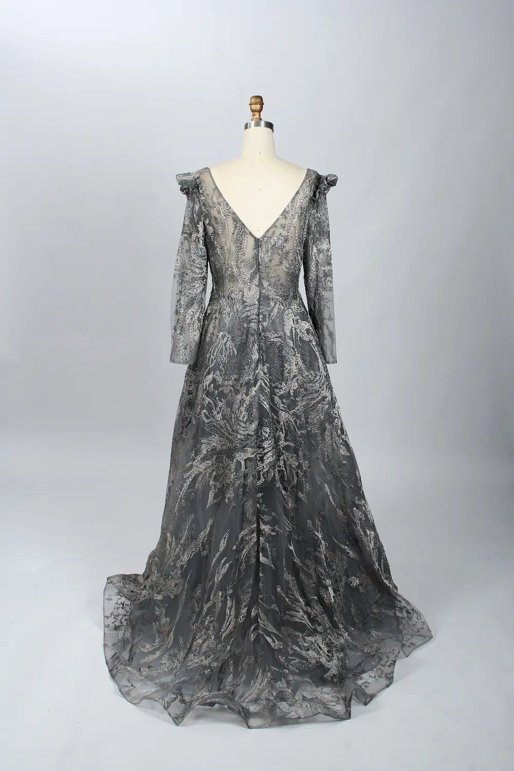 Charcoal Gray Beaded A-Line Mother of the Bride Dress with Long Sleeves MK078