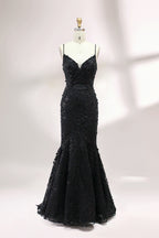 Floral Appliqué Mermaid Evening Dress with Spaghetti Straps 32589