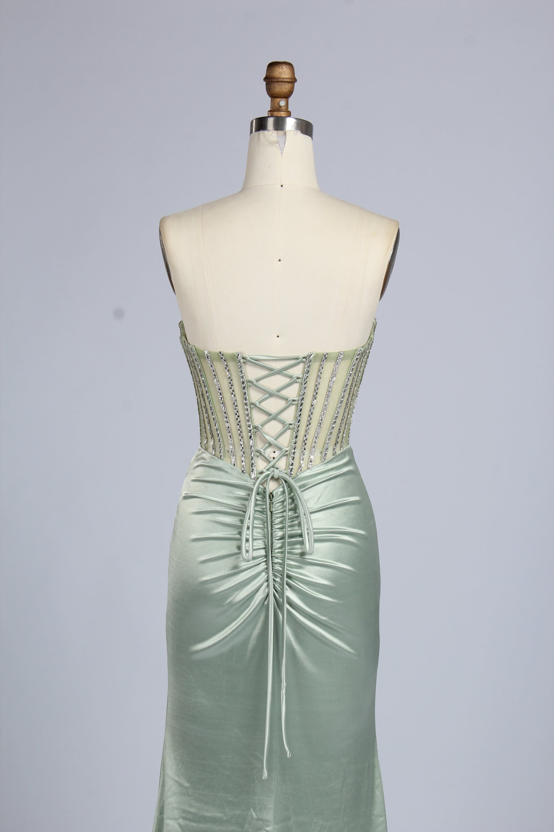 Wholesale Mint Green Crystal - Embellished Strapless Evening Gown 33310