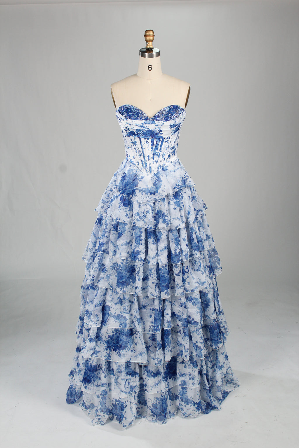Wholesale Elegant Strapless Floral Chiffon Rhinestone Prom Gown 33223