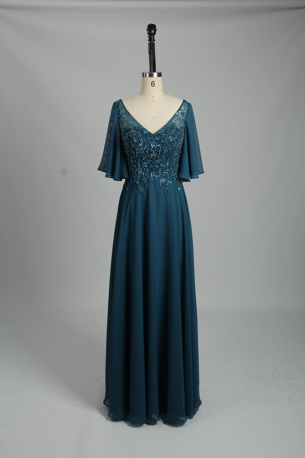 Wholesale Olive Green Lace - Embellished Flutter - Sleeve Prom Dress 32778