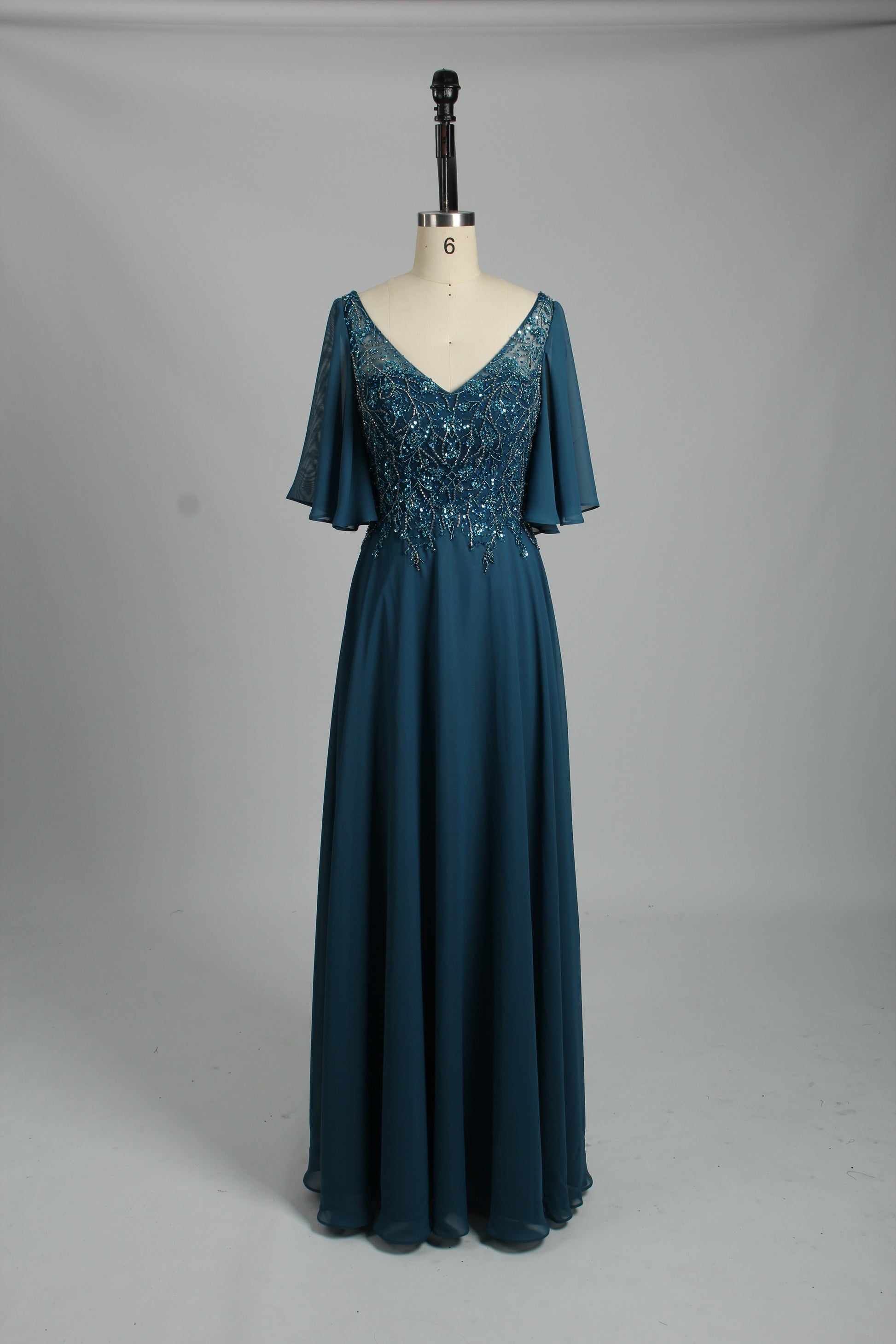 Wholesale Olive Green Lace - Embellished Flutter - Sleeve Prom Dress 32778