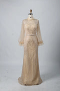 Elegant High-Neck Long Sleeve Beaded Champagne Mother of the Bride Dress KY031B