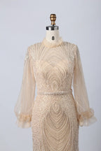 Elegant High-Neck Long Sleeve Beaded Champagne Mother of the Bride Dress KY031B