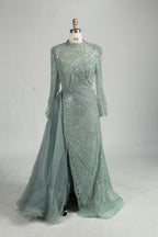 High Neck Beaded Sage Green Mother of the Bride Dress with Overskirt MK153