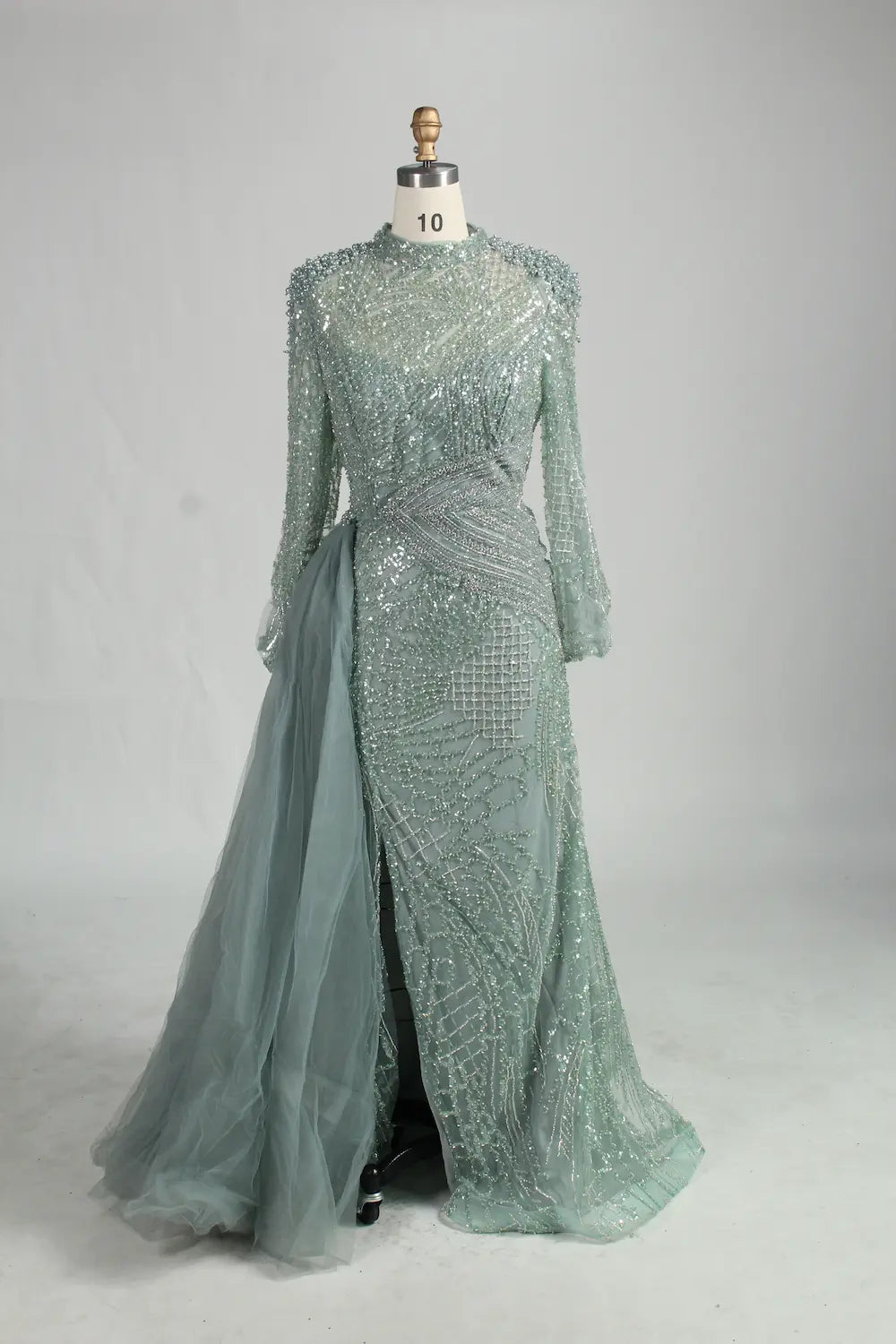 High Neck Beaded Sage Green Mother of the Bride Dress with Overskirt MK153