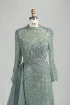 High Neck Beaded Sage Green Mother of the Bride Dress with Overskirt MK153
