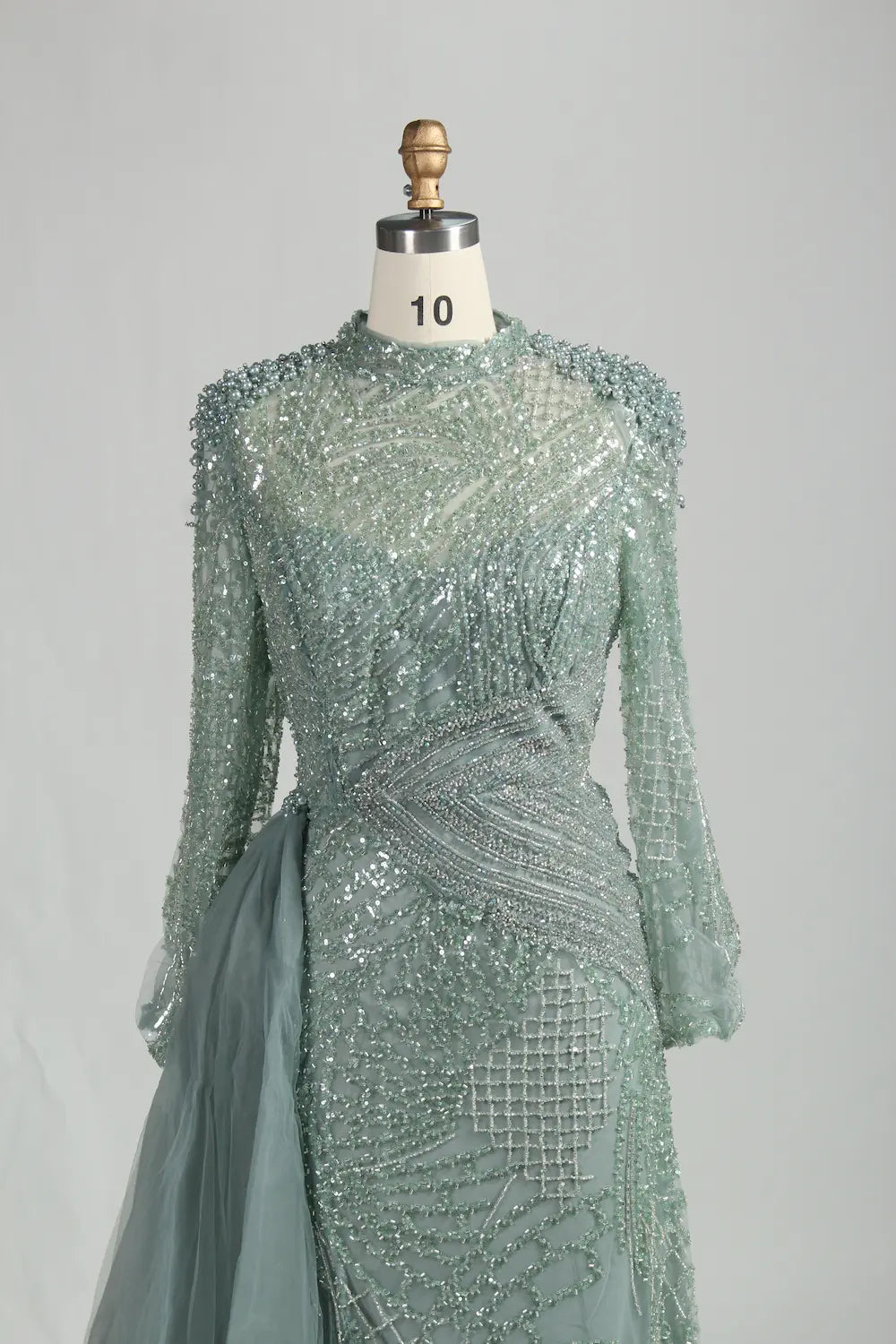 High Neck Beaded Sage Green Mother of the Bride Dress with Overskirt MK153