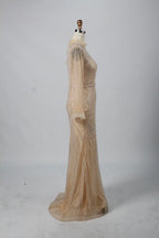 Elegant High-Neck Long Sleeve Beaded Champagne Mother of the Bride Dress KY031B