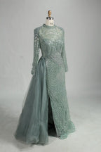 High Neck Beaded Sage Green Mother of the Bride Dress with Overskirt MK153