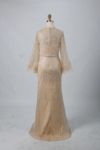 Elegant High-Neck Long Sleeve Beaded Champagne Mother of the Bride Dress KY031B