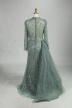 High Neck Beaded Sage Green Mother of the Bride Dress with Overskirt MK153