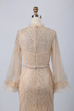 Elegant High-Neck Long Sleeve Beaded Champagne Mother of the Bride Dress KY031B