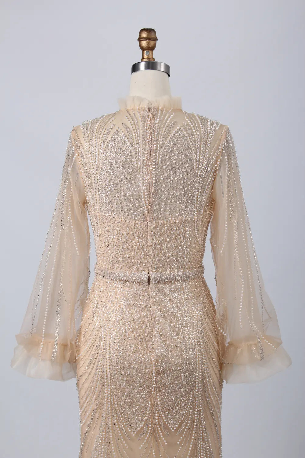 Elegant High-Neck Long Sleeve Beaded Champagne Mother of the Bride Dress KY031B