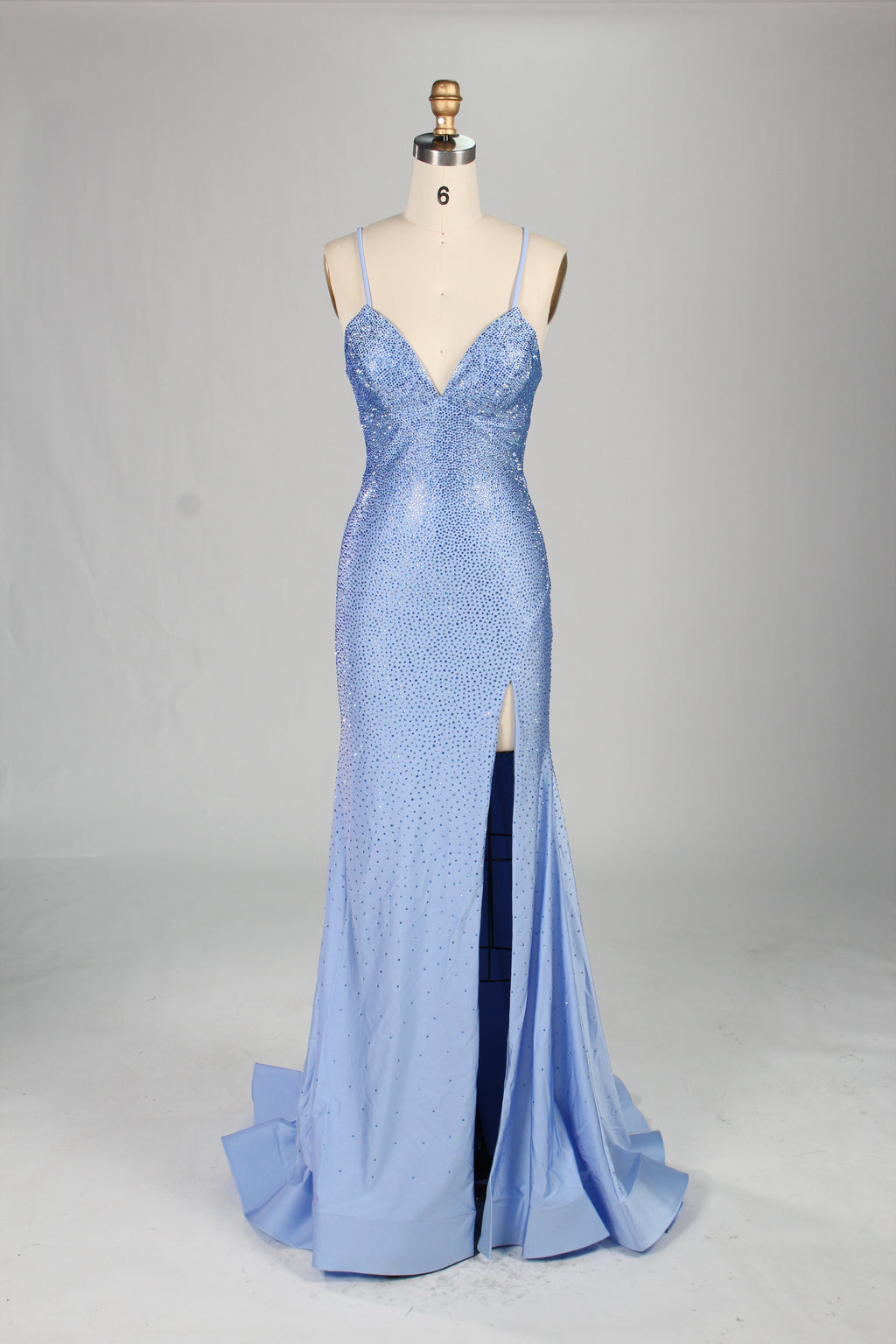 Wholesale Light Blue Crystal - Embellished Spaghetti - Strap Evening Gown 33196