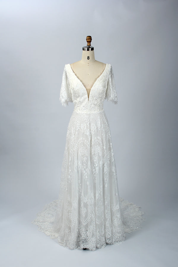 Supplier Short Sleeve V - Neck Lace Wedding Dress 32642C