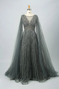 Beaded A-line mother-of-the-bride dress with V neckline and long sheer cape sleeves, dark metallic