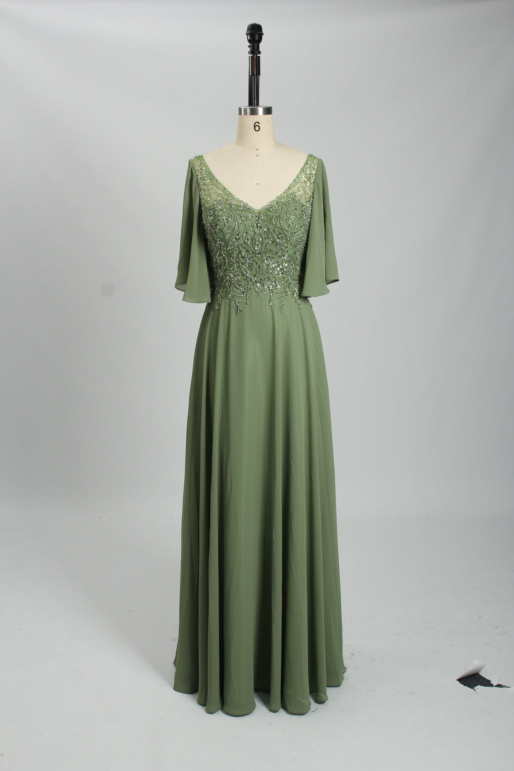Wholesale Olive Green Lace - Embellished Flutter - Sleeve Prom Dress 32778