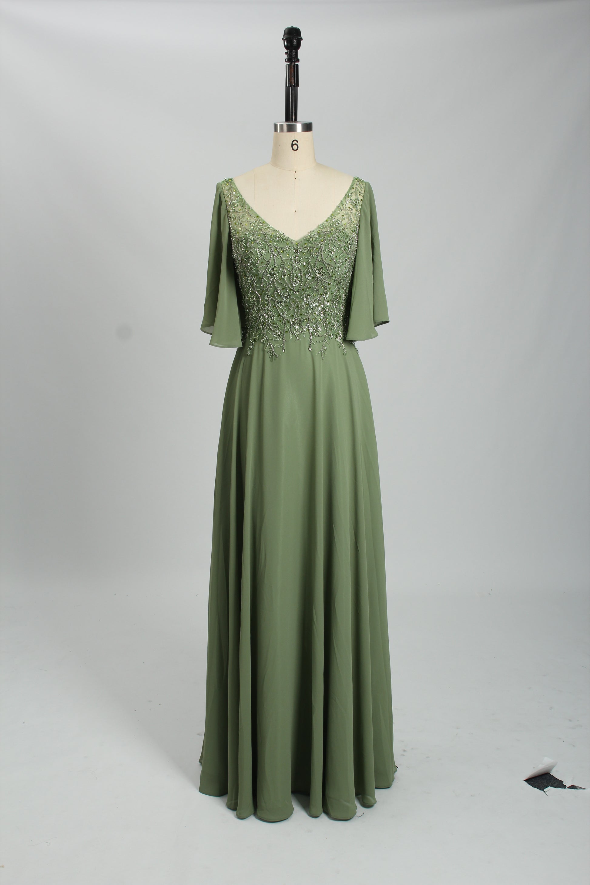 Wholesale Olive Green Lace - Embellished Flutter - Sleeve Prom Dress 32778