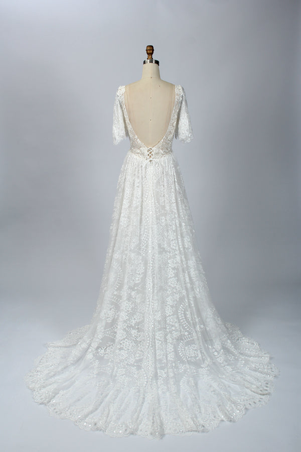 Supplier Short Sleeve V - Neck Lace Wedding Dress 32642C