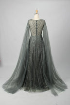 Beaded A-line mother-of-the-bride dress with long sheer cape sleeves and V-back, dark metallic