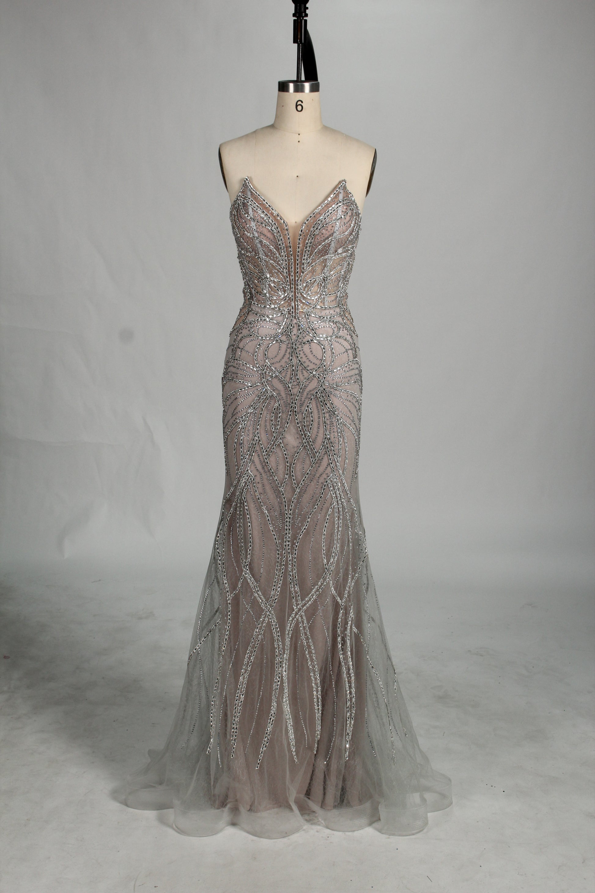 Wholesale Silver Beaded Sheer Mermaid Prom Dress 33172