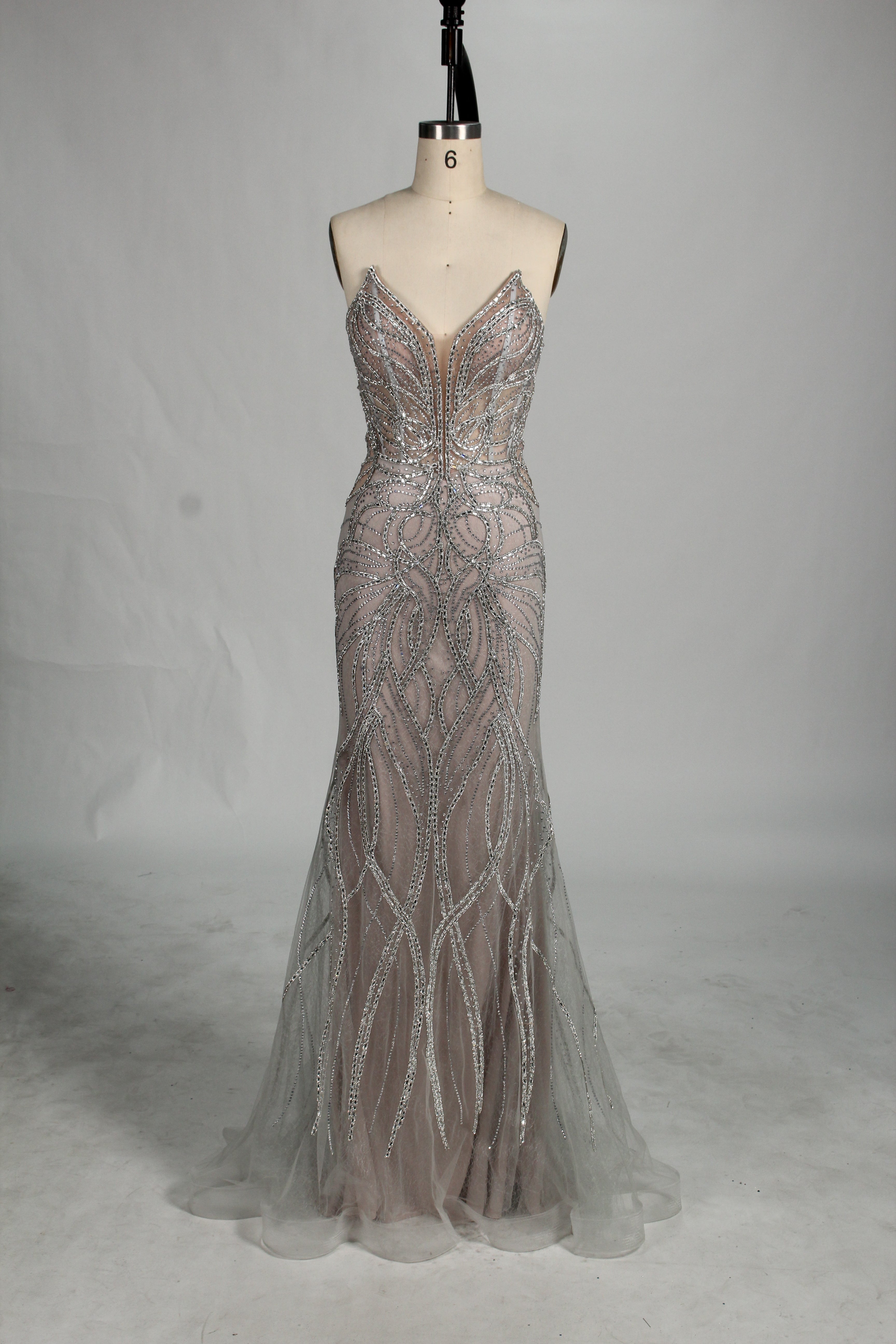 Wholesale Silver Beaded Sheer Mermaid Prom Dress 33172