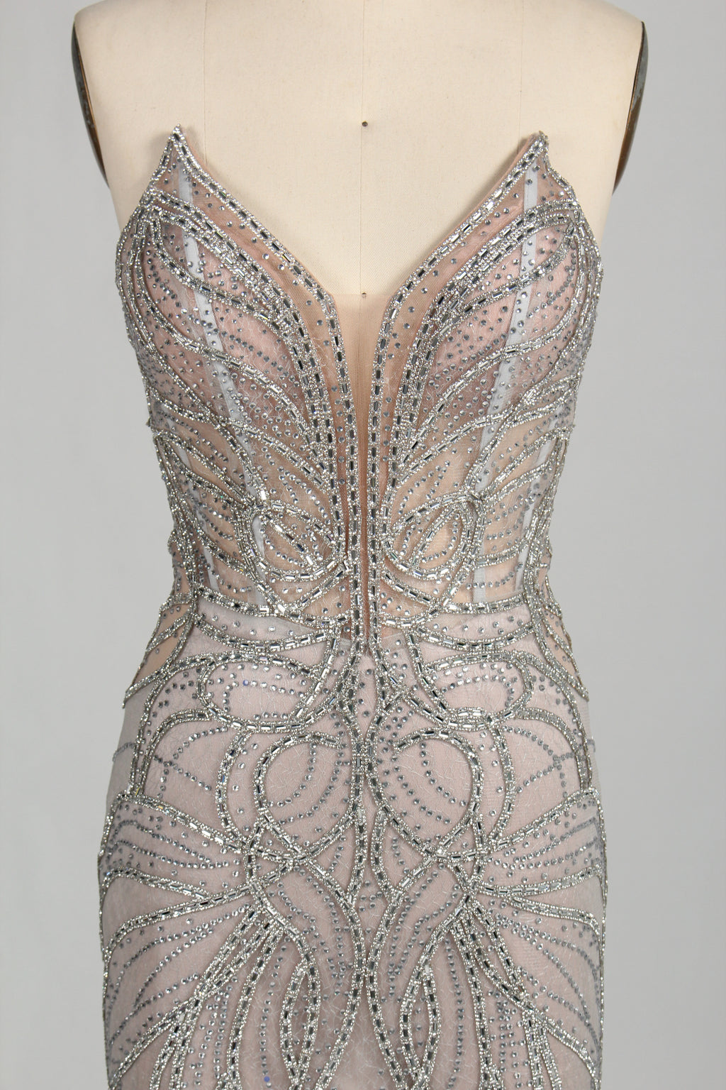 Wholesale Silver Beaded Sheer Mermaid Prom Dress 33172