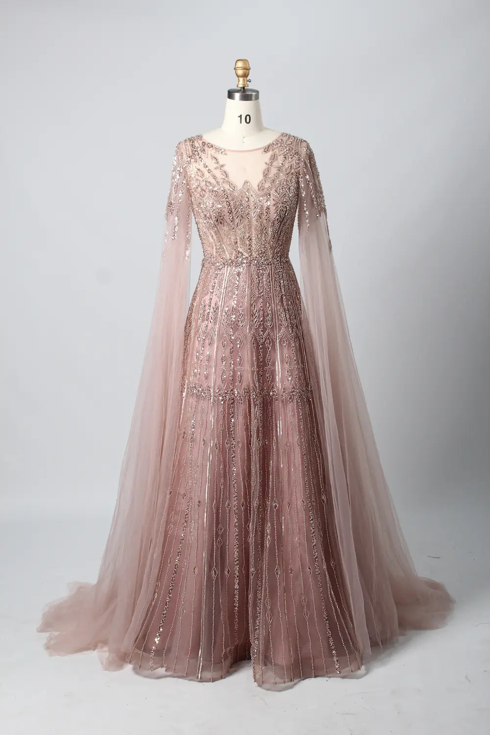 Beaded A-Line Mother of the Bride Dress with Long Cape Sleeves MK145