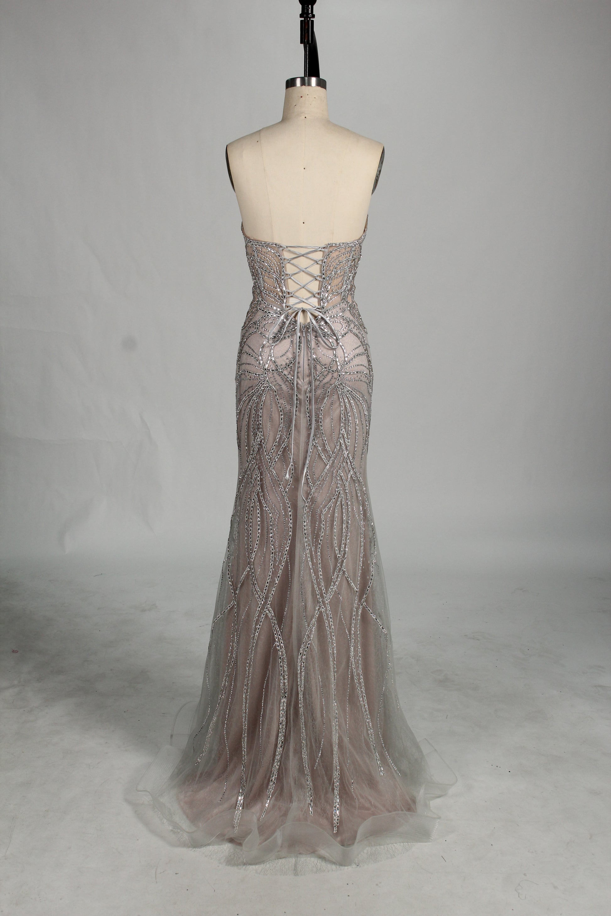 Wholesale Silver Beaded Sheer Mermaid Prom Dress 33172